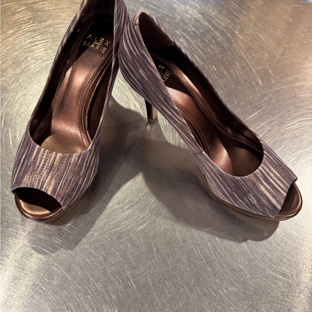 Alex Marie Striped Peep Toe Heels - Brown and Cream with bronze metallic